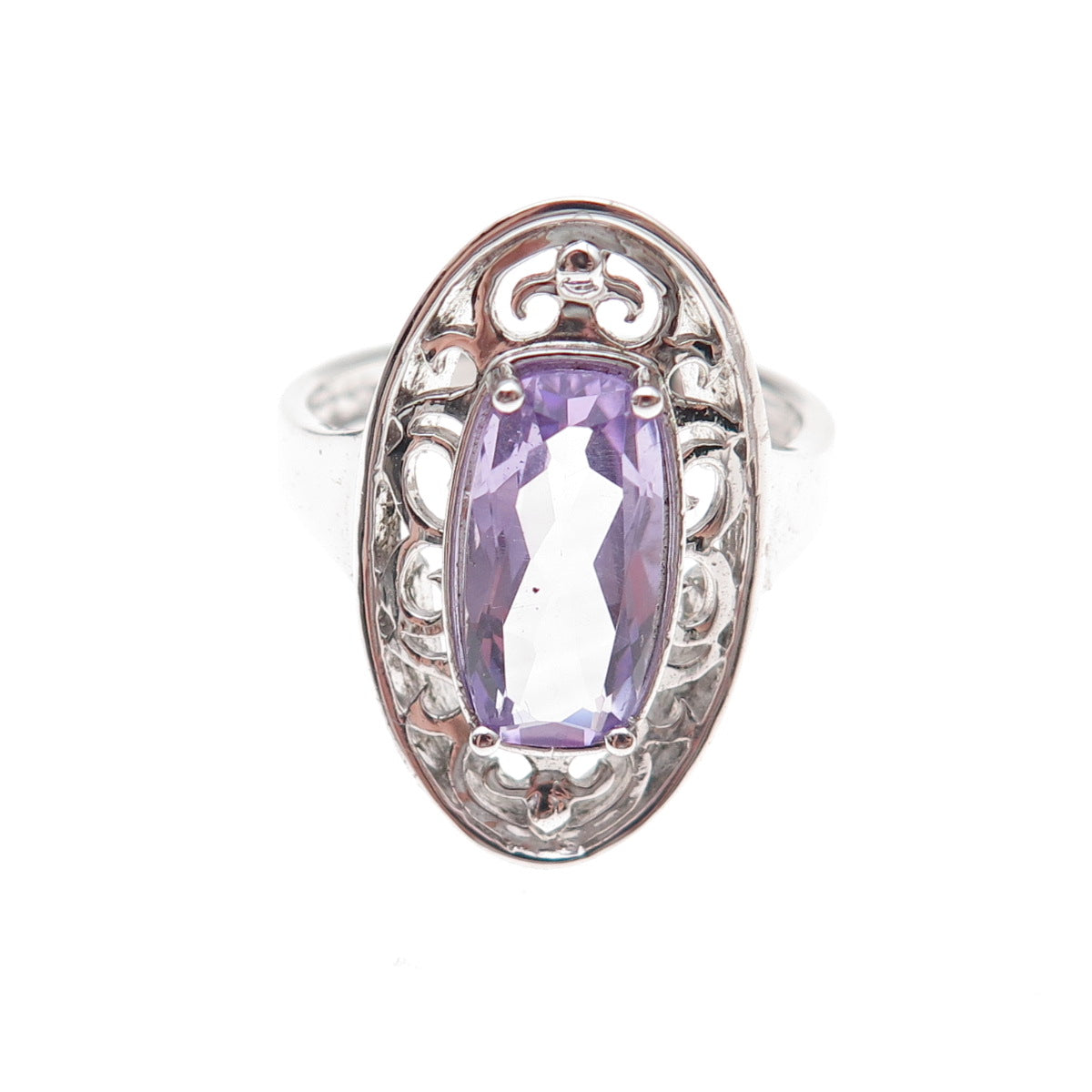 925 Sterling Silver Mexico Real Amethyst Floral Scroll Ring Size 7.25