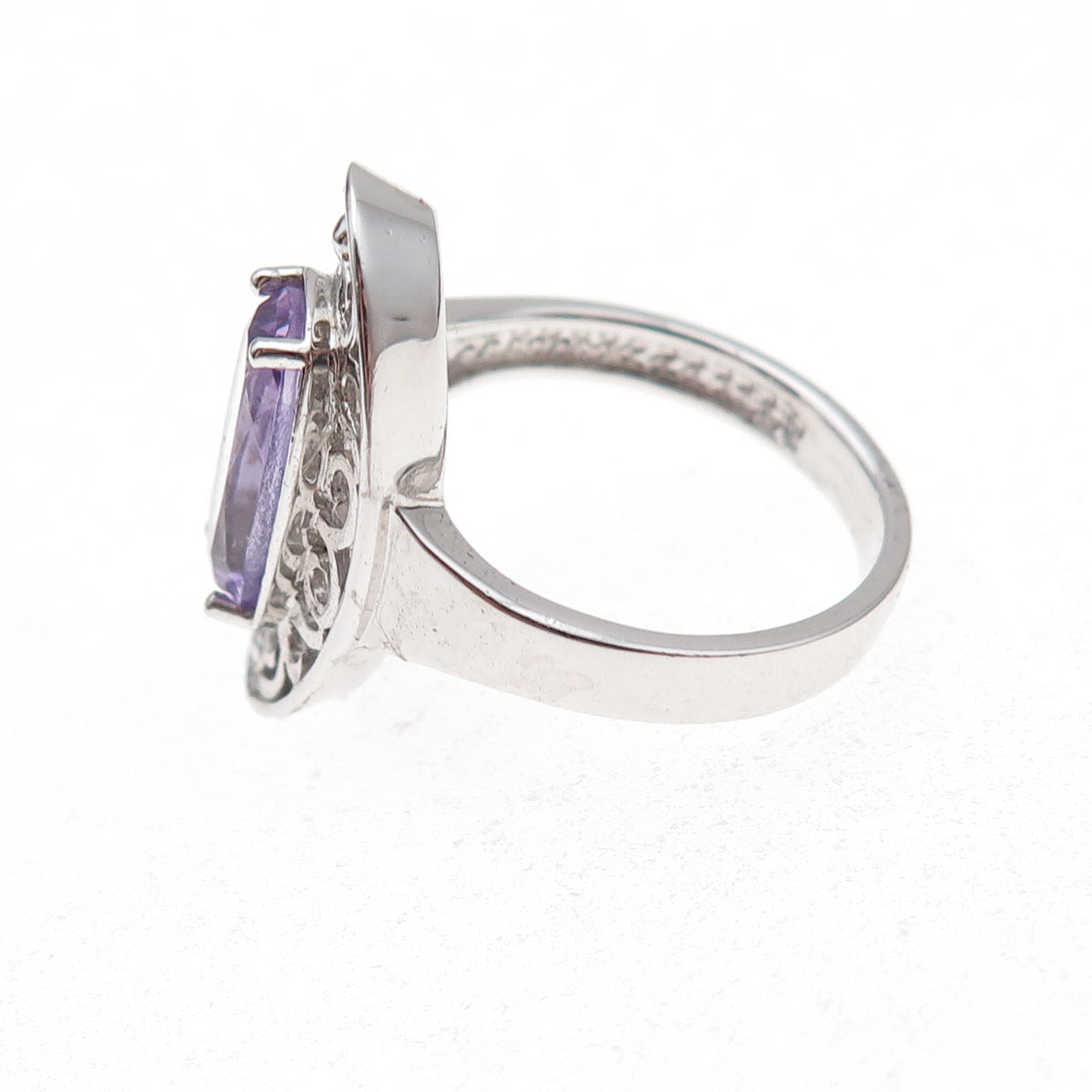 925 Sterling Silver Mexico Real Amethyst Floral Scroll Ring Size 7.25