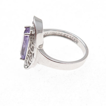 925 Sterling Silver Mexico Real Amethyst Floral Scroll Ring Size 7.25