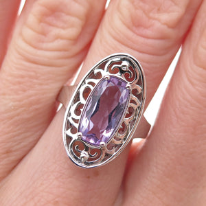 925 Sterling Silver Mexico Real Amethyst Floral Scroll Ring Size 7.25