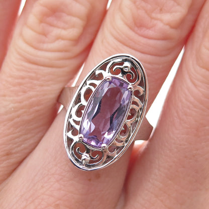 925 Sterling Silver Mexico Real Amethyst Floral Scroll Ring Size 7.25