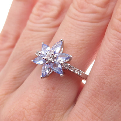 925 Sterling Silver Real Tanzanite & White Topaz Floral Ring Size 8