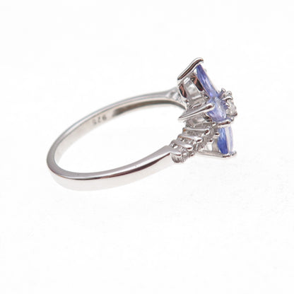 925 Sterling Silver Real Tanzanite & White Topaz Floral Ring Size 8