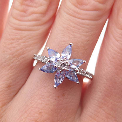 925 Sterling Silver Real Tanzanite & White Topaz Floral Ring Size 8