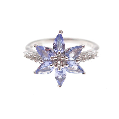 925 Sterling Silver Real Tanzanite & White Topaz Floral Ring Size 8