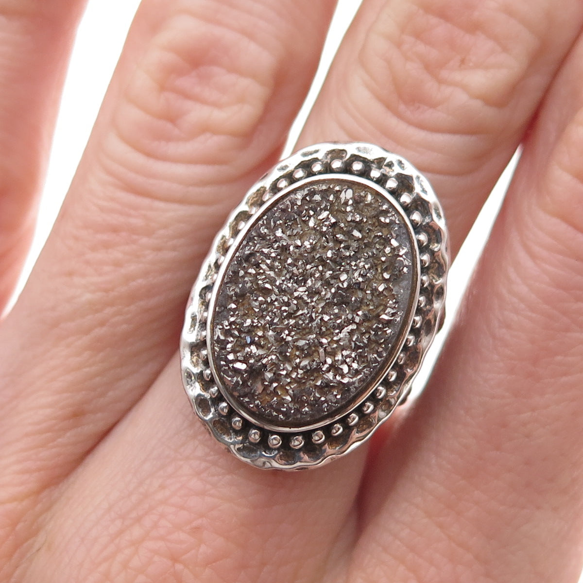 Collins 925 Sterling Silver Vintage Real Druzy Beaded Oxidized Ring Size 7