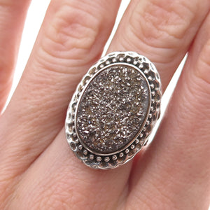 Collins 925 Sterling Silver Vintage Real Druzy Beaded Oxidized Ring Size 7