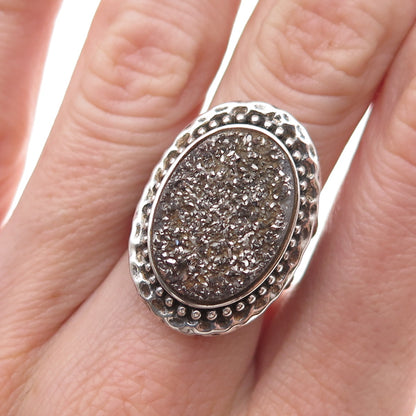 Collins 925 Sterling Silver Vintage Real Druzy Beaded Oxidized Ring Size 7