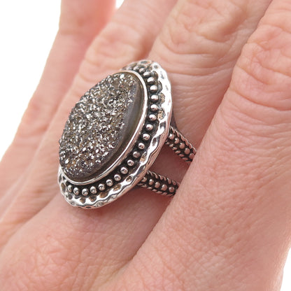 Collins 925 Sterling Silver Vintage Real Druzy Beaded Oxidized Ring Size 7
