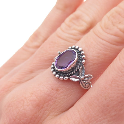 925 Sterling Silver Vintage Real Amethyst Oxidized Ring Size 7.25