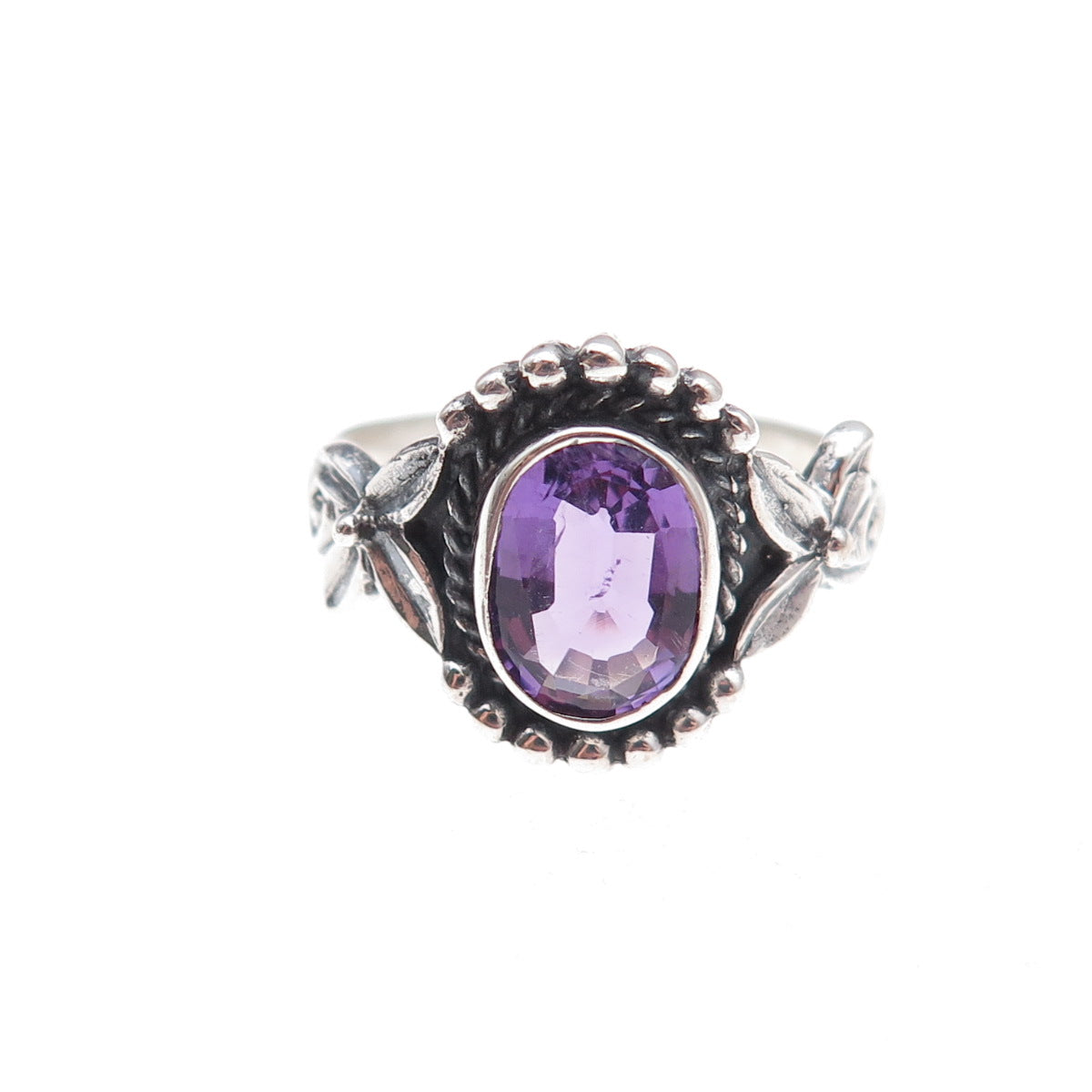 925 Sterling Silver Vintage Real Amethyst Oxidized Ring Size 7.25