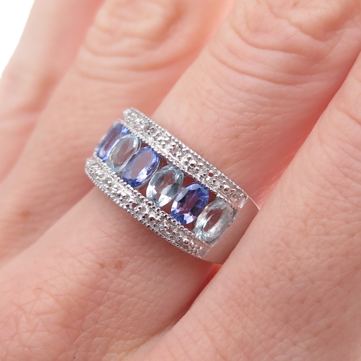 925 Sterling Silver Real Tanzanite Aquamarine & White Topaz Ring Size 8