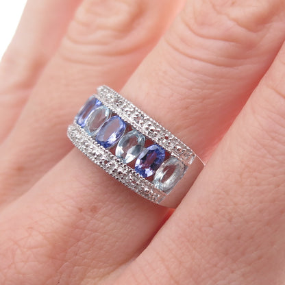 925 Sterling Silver Real Tanzanite Aquamarine & White Topaz Ring Size 8