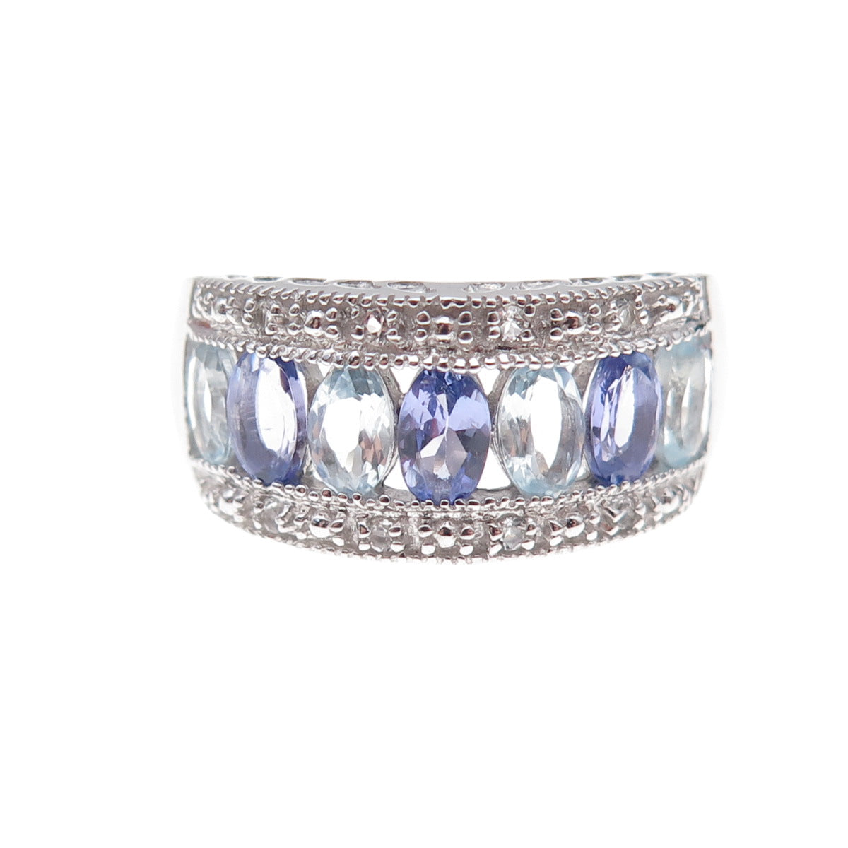 925 Sterling Silver Real Tanzanite Aquamarine & White Topaz Ring Size 8