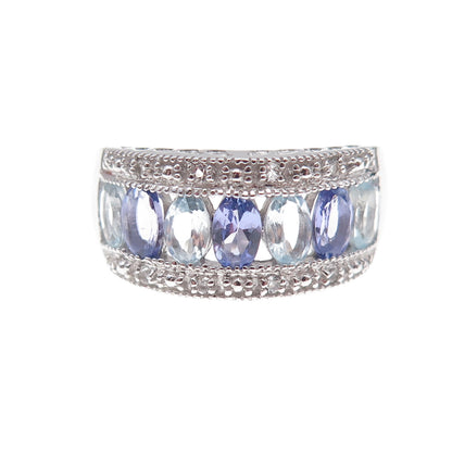 925 Sterling Silver Real Tanzanite Aquamarine & White Topaz Ring Size 8