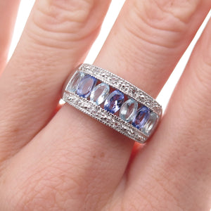 925 Sterling Silver Real Tanzanite Aquamarine & White Topaz Ring Size 8