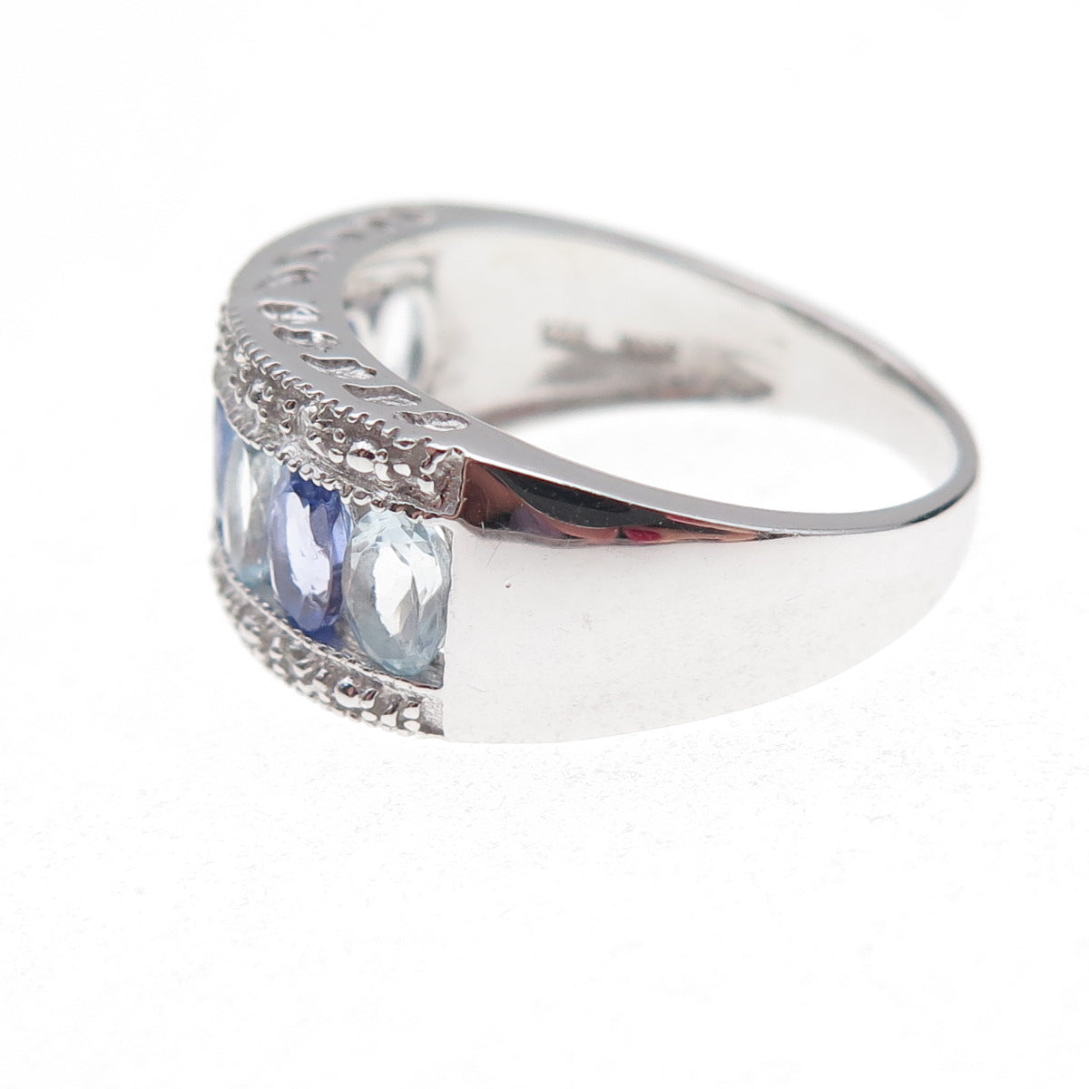 925 Sterling Silver Real Tanzanite Aquamarine & White Topaz Ring Size 8