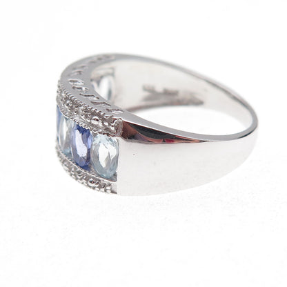 925 Sterling Silver Real Tanzanite Aquamarine & White Topaz Ring Size 8