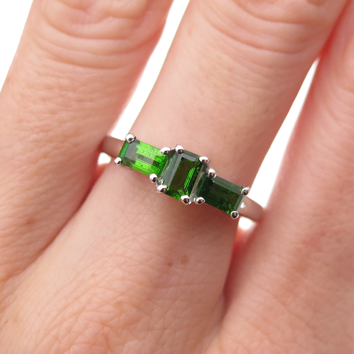 925 Sterling Silver Real Emerald-Cut Peridot Ring Size 8