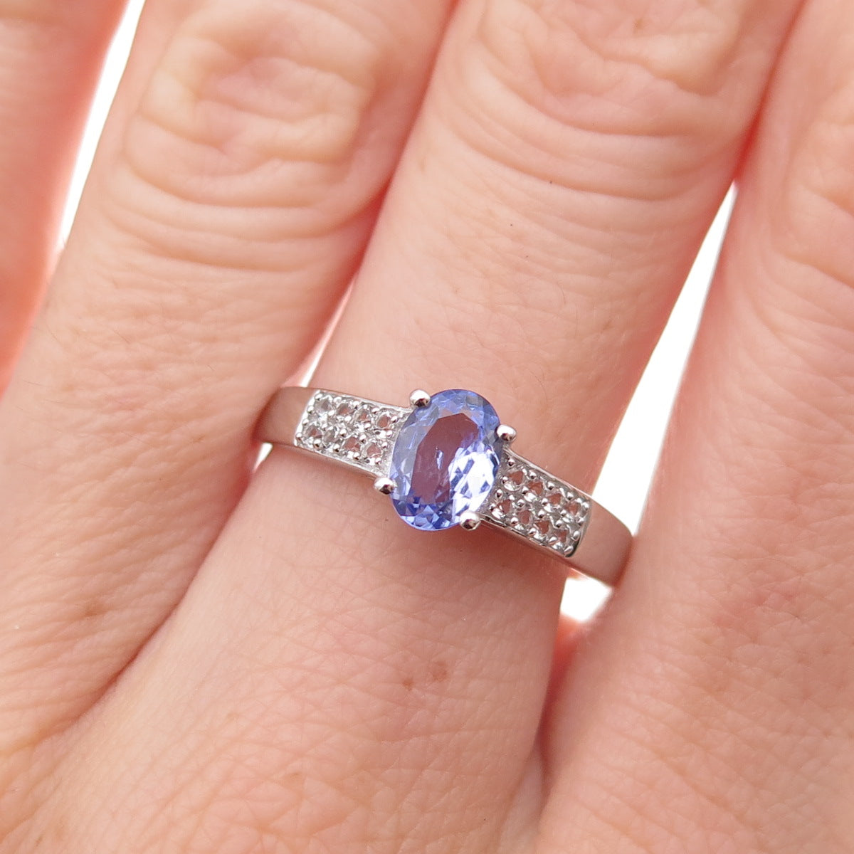 925 Sterling Silver Real Tanzanite & White Topaz Ring Size 8.25