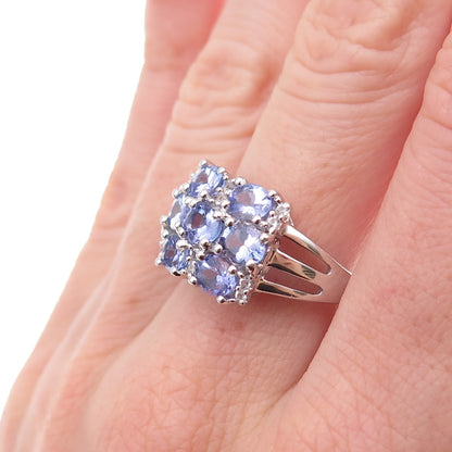 925 Sterling Silver Real Tanzanite & White Topaz Cluster Ring Size 8
