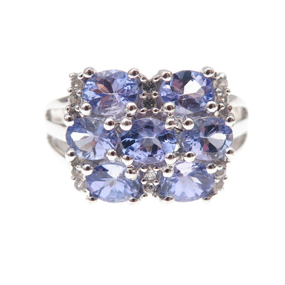 925 Sterling Silver Real Tanzanite & White Topaz Cluster Ring Size 8