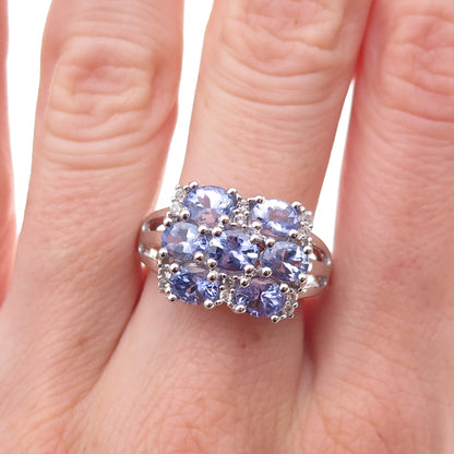 925 Sterling Silver Real Tanzanite & White Topaz Cluster Ring Size 8