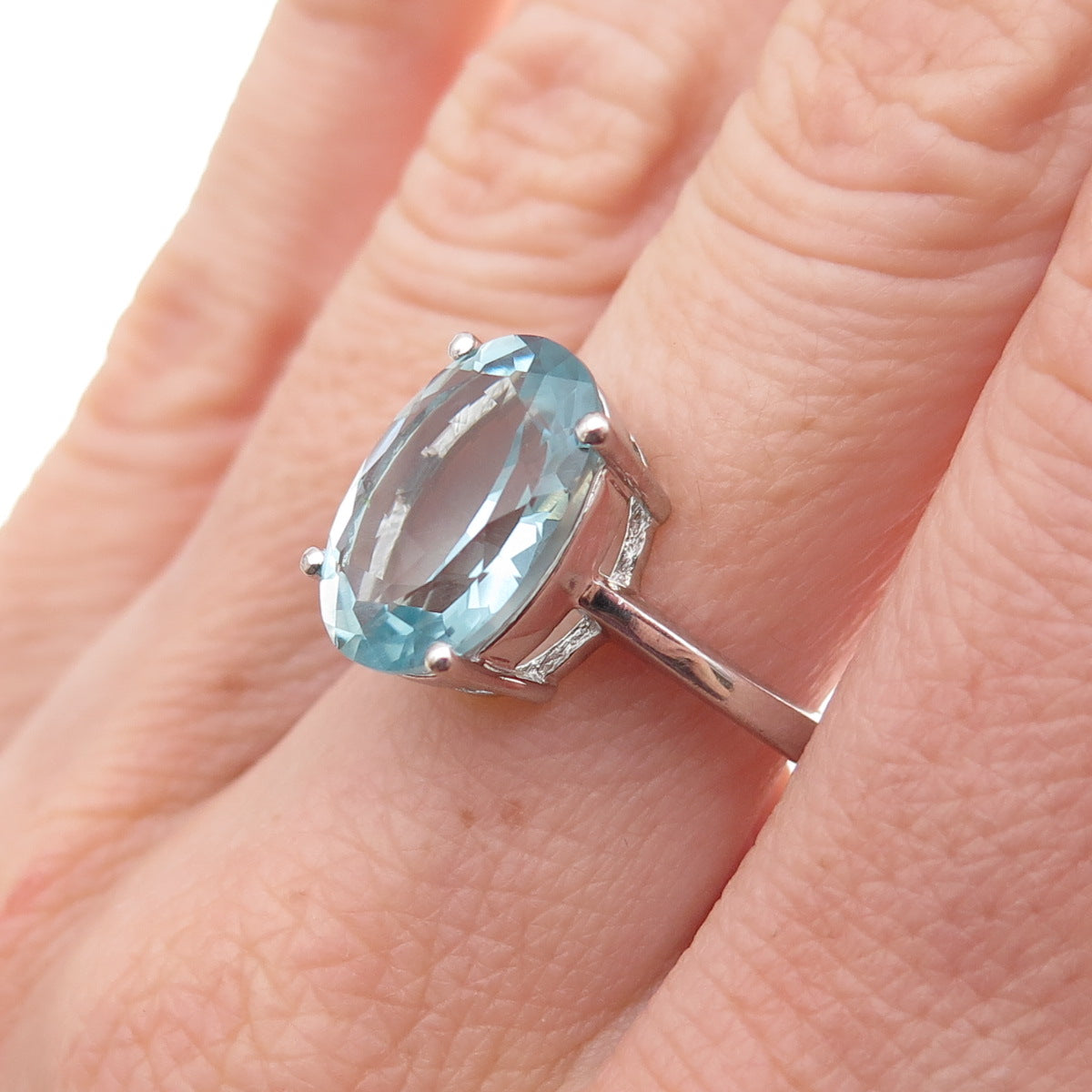 925 Sterling Silver Real Oval-Cut Aquamarine Ring Size 7