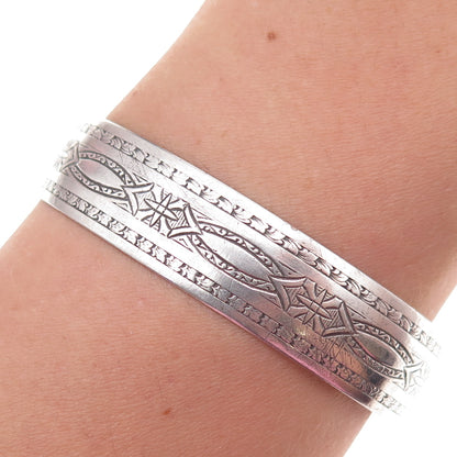 925 Sterling Silver Antique Art Deco Etched Adjustable Cuff Bracelet 6"