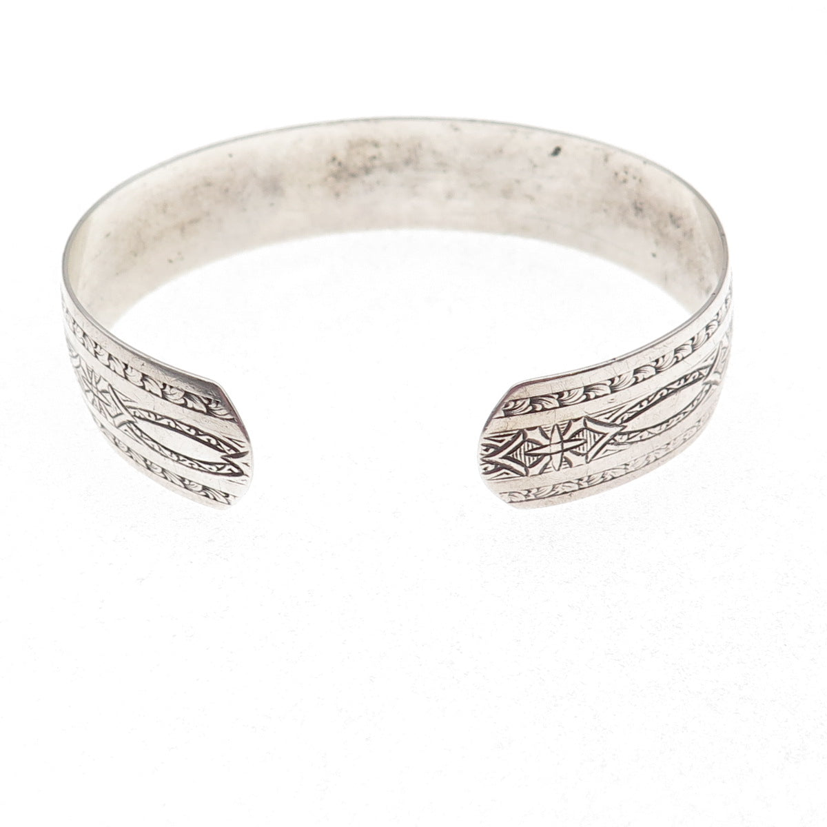 925 Sterling Silver Antique Art Deco Etched Adjustable Cuff Bracelet 6"