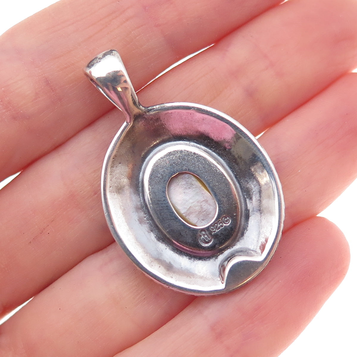 Carolyn Pollack Sterling Silver Vintage Real MOP Floral Scroll Oxidized Pendant