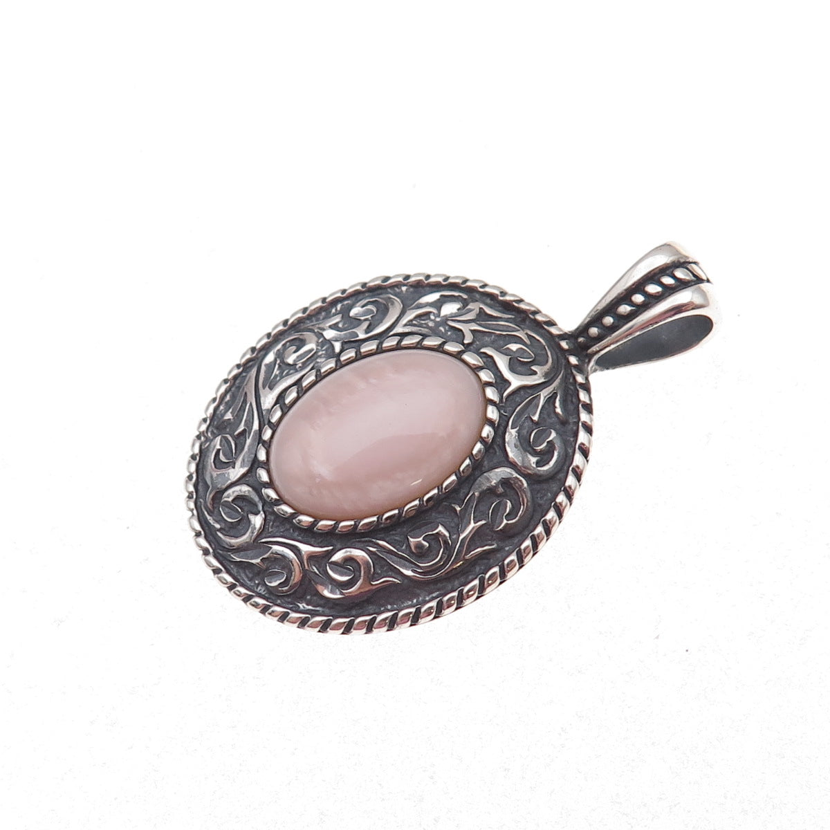 Carolyn Pollack Sterling Silver Vintage Real MOP Floral Scroll Oxidized Pendant