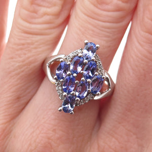 925 Sterling Silver Real Tanzanite & White Topaz Ring Size 8