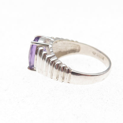 925 Sterling Silver Vintage Real Oval-Cut Amethyst Ribbed Ring Size 6