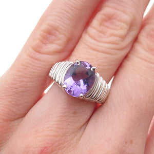 925 Sterling Silver Vintage Real Oval-Cut Amethyst Ribbed Ring Size 6