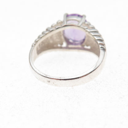 925 Sterling Silver Vintage Real Oval-Cut Amethyst Ribbed Ring Size 6