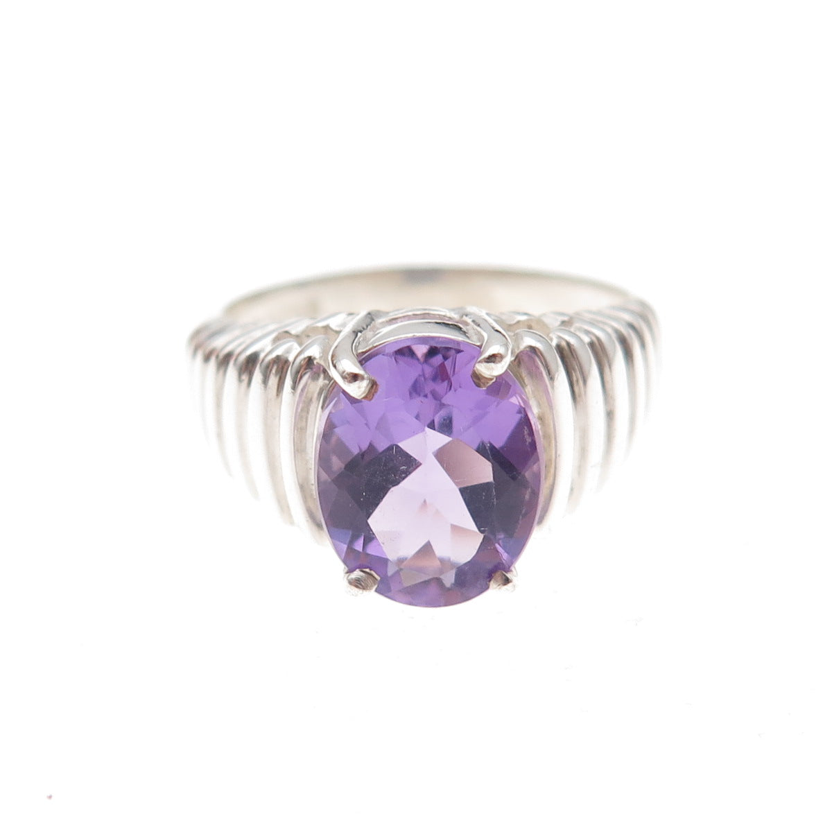 925 Sterling Silver Vintage Real Oval-Cut Amethyst Ribbed Ring Size 6