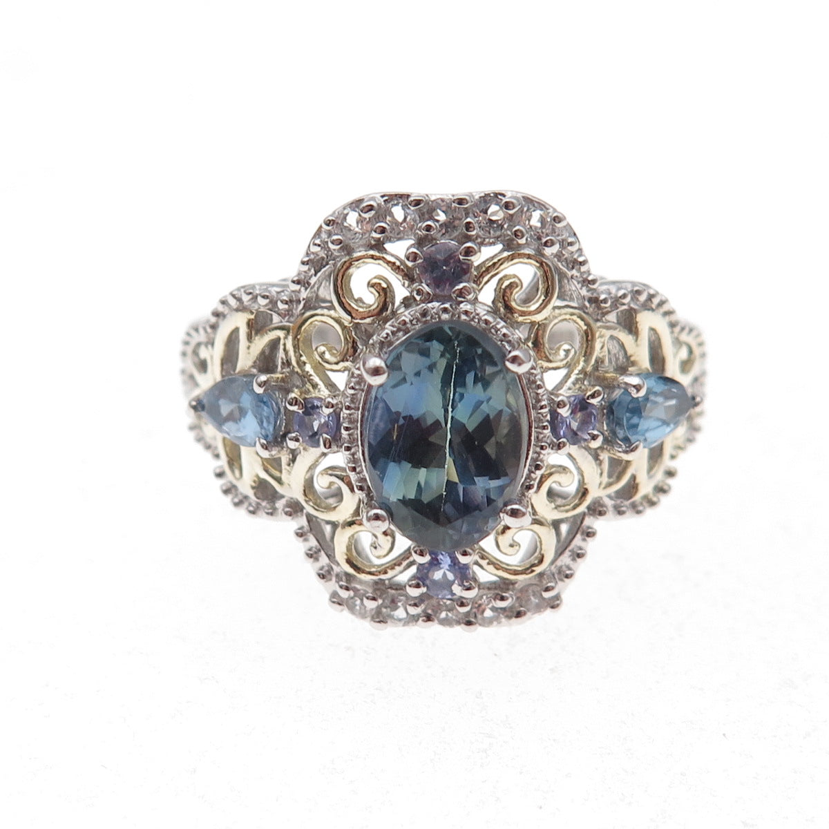 Chuck Clemency Sterling Silver 2-Tone Real Tanzanite & White Topaz Ring Size 8