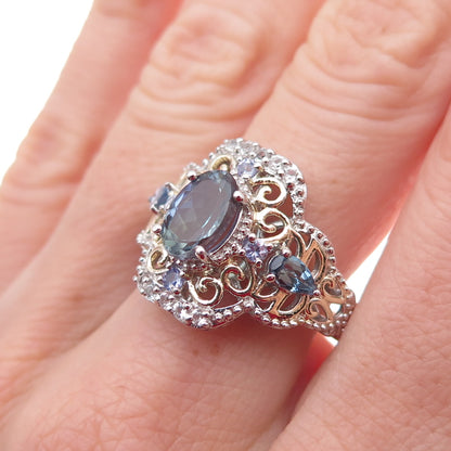 Chuck Clemency Sterling Silver 2-Tone Real Tanzanite & White Topaz Ring Size 8