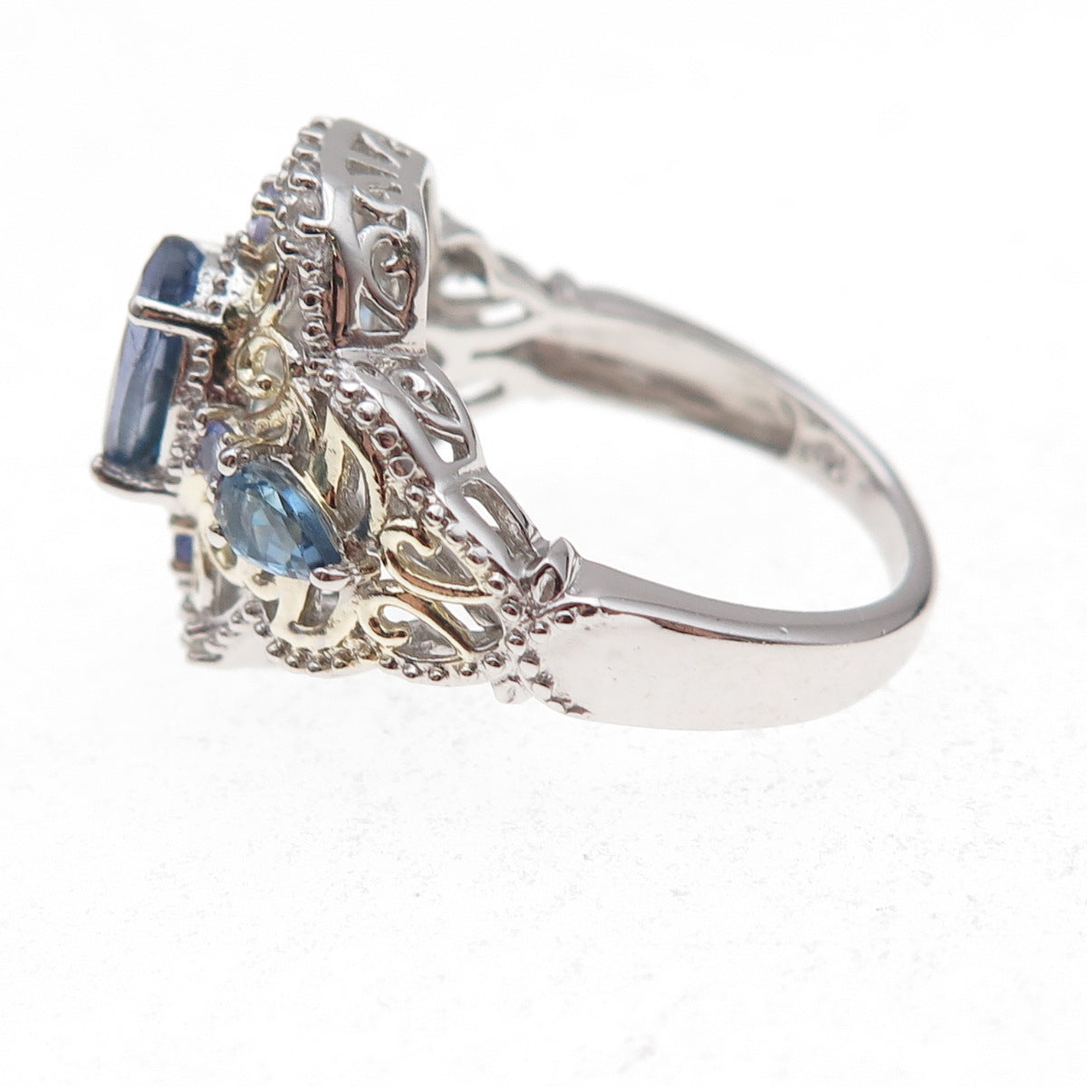 Chuck Clemency Sterling Silver 2-Tone Real Tanzanite & White Topaz Ring Size 8
