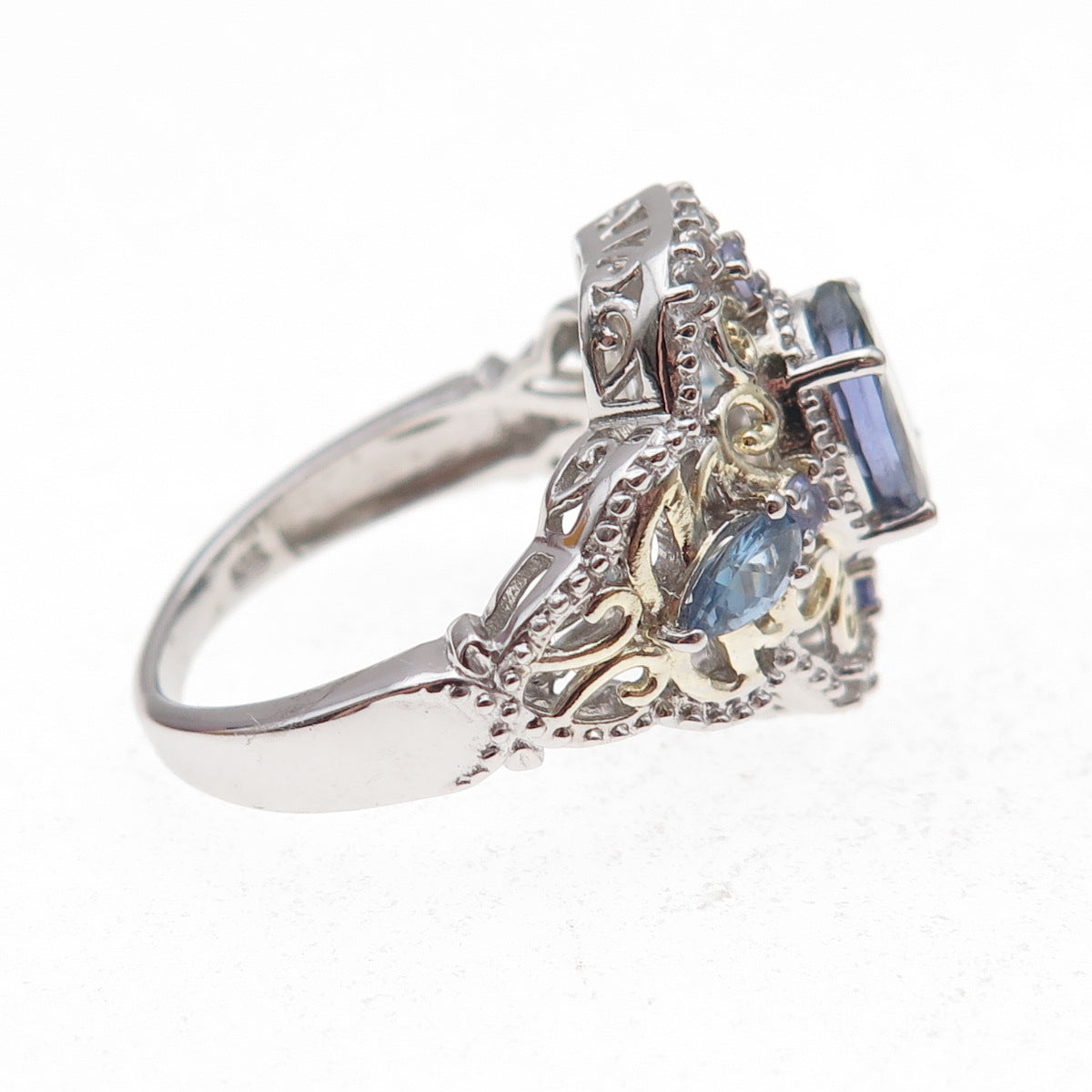 Chuck Clemency Sterling Silver 2-Tone Real Tanzanite & White Topaz Ring Size 8