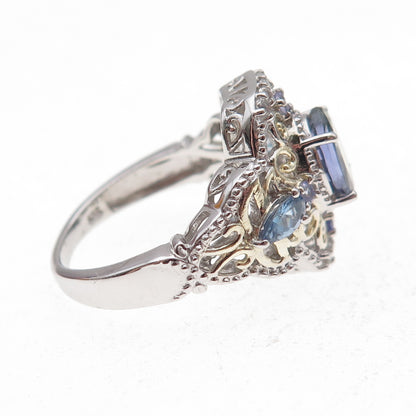 Chuck Clemency Sterling Silver 2-Tone Real Tanzanite & White Topaz Ring Size 8