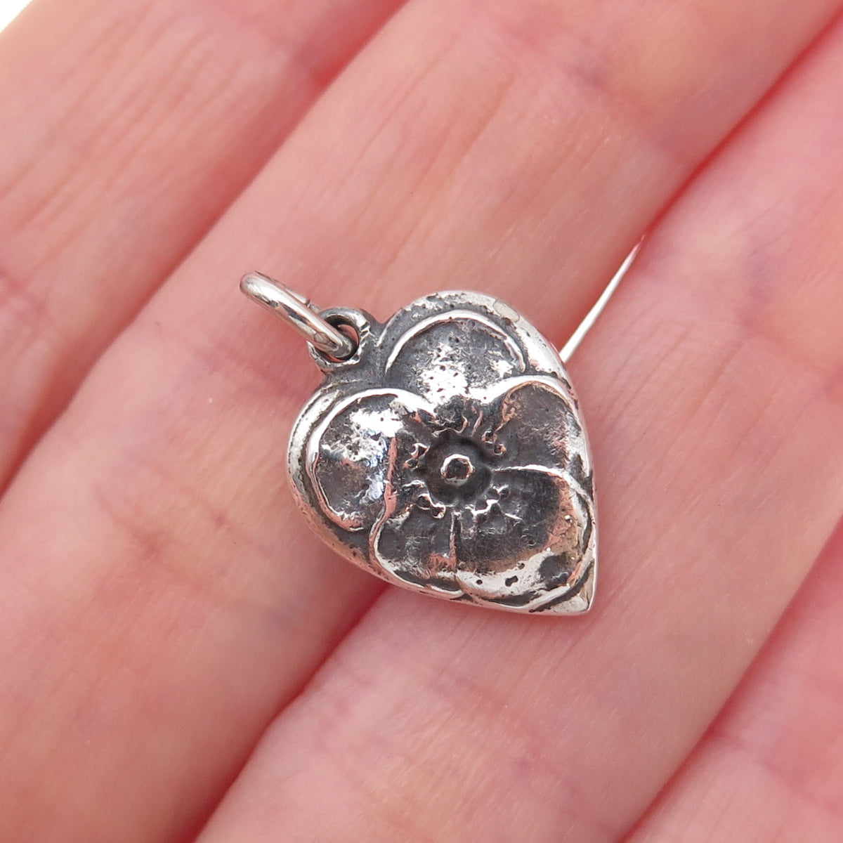 925 Sterling Silver Antique Art Deco Floral Heart Chatelaine Charm Pendant