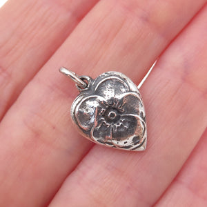 925 Sterling Silver Antique Art Deco Floral Heart Chatelaine Charm Pendant