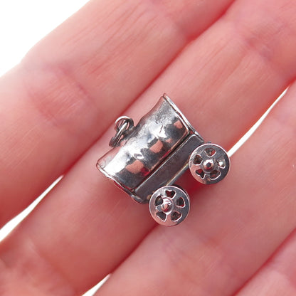 925 Sterling Silver Antique Art Deco Wagon Oxidized 3D Charm Pendant