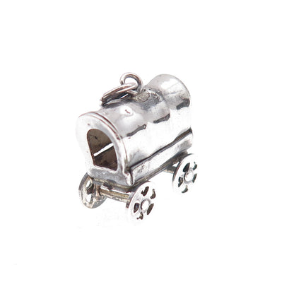 925 Sterling Silver Antique Art Deco Wagon Oxidized 3D Charm Pendant