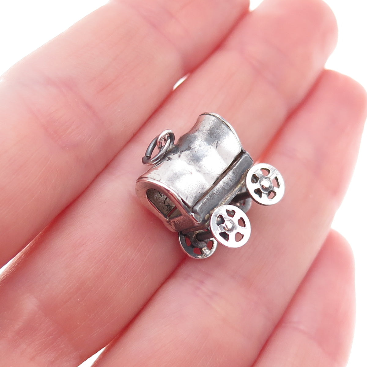 925 Sterling Silver Antique Art Deco Wagon Oxidized 3D Charm Pendant
