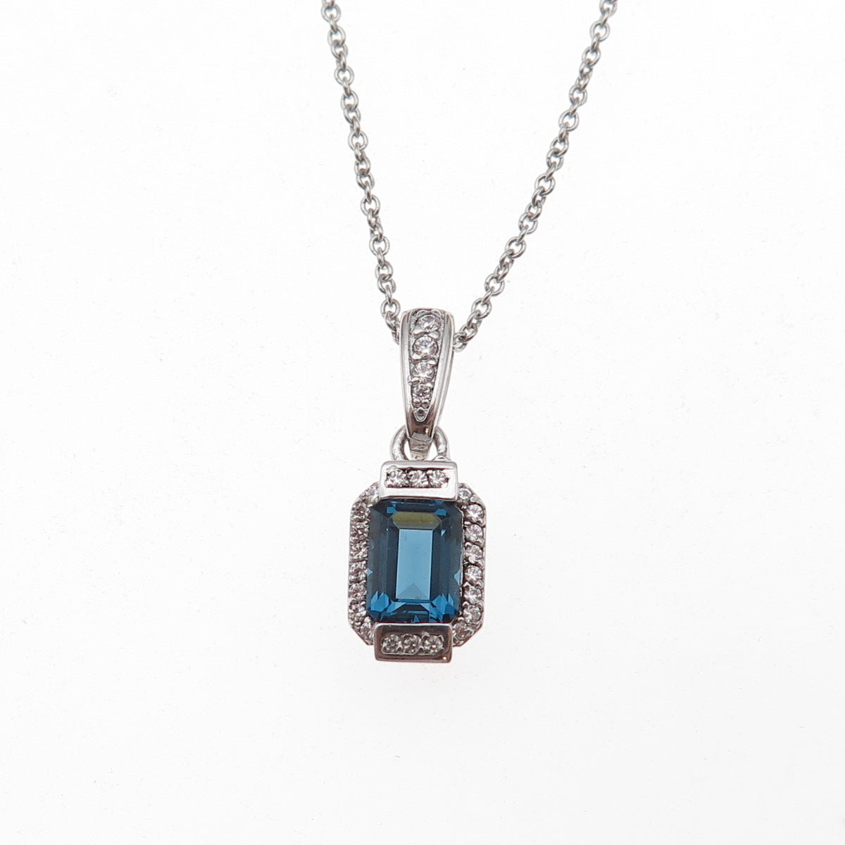 925 Sterling Silver Blue & White C Z Cable Chain Necklace 18"