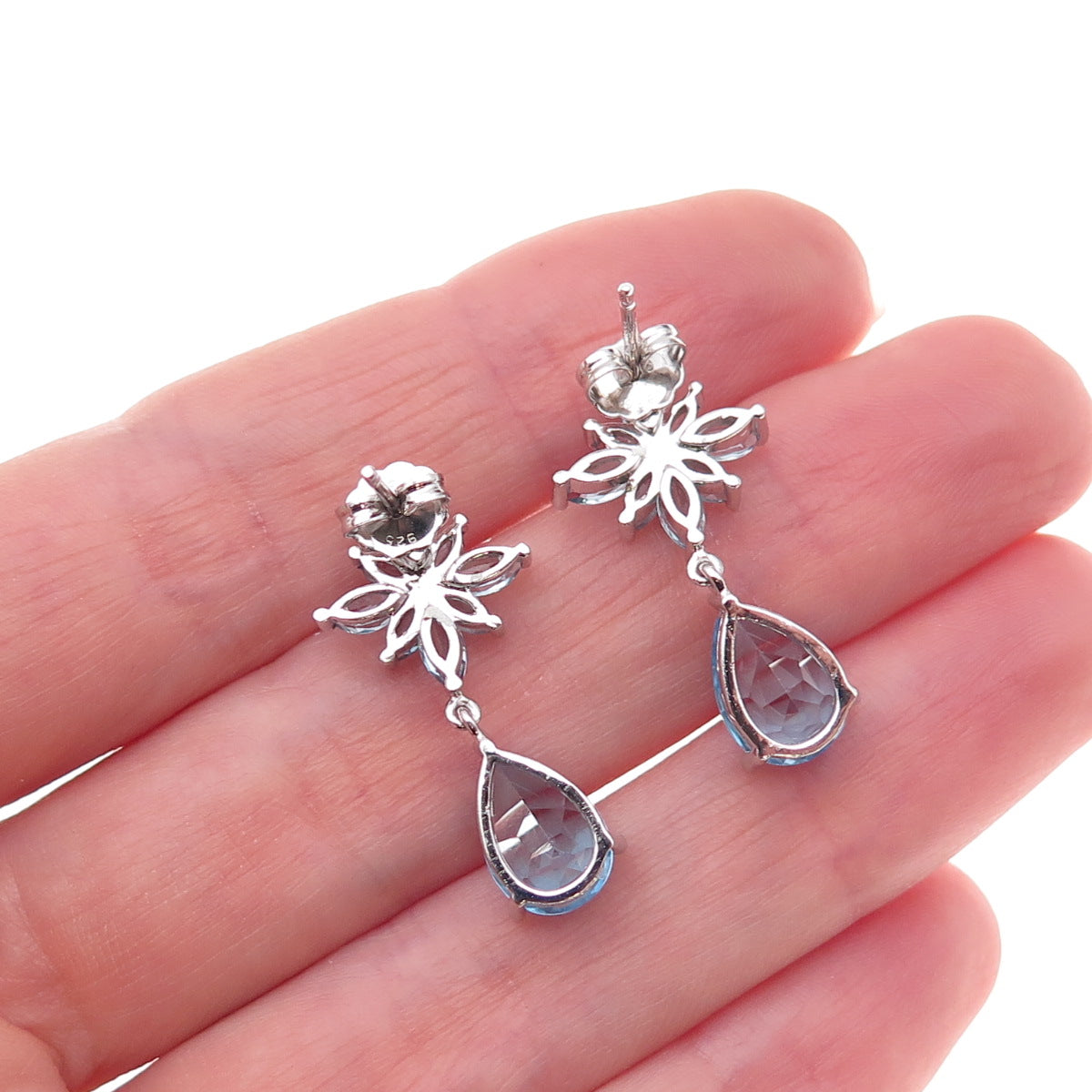 Atelier 925 Sterling Silver Mexico Real Blue Topaz Floral Dangle Earrings