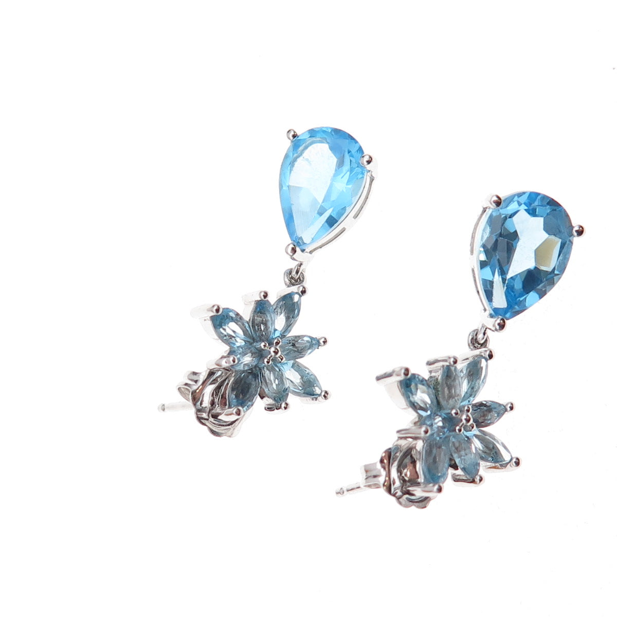 Atelier 925 Sterling Silver Mexico Real Blue Topaz Floral Dangle Earrings